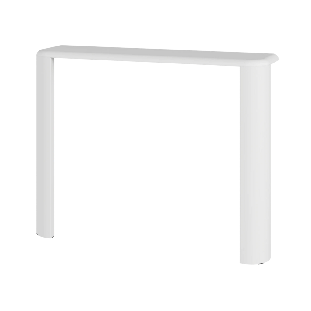 noo.ma Fli Console Table, a sleek modern minimalist console table with a pristine matte white finish, featuring a rectangular top with softly rounded edges and a unique sculptural base combining a wide, flat leg and a cylindrical leg. This contemporary white entryway table is perfect for Scandinavian living rooms, modern hallways, or minimalist bedroom accents.