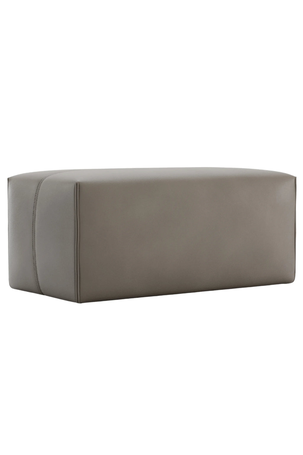 Domkapa Grant Bench, a sleek modern minimalist upholstered bench in a sophisticated grey-taupe faux leather, featuring a rectangular silhouette with softly rounded top edges and elegant stitched panel details on the ends. This versatile contemporary seating piece is perfect as a stylish entryway bench, a foot-of-bed bench for the bedroom, or a chic living room ottoman.