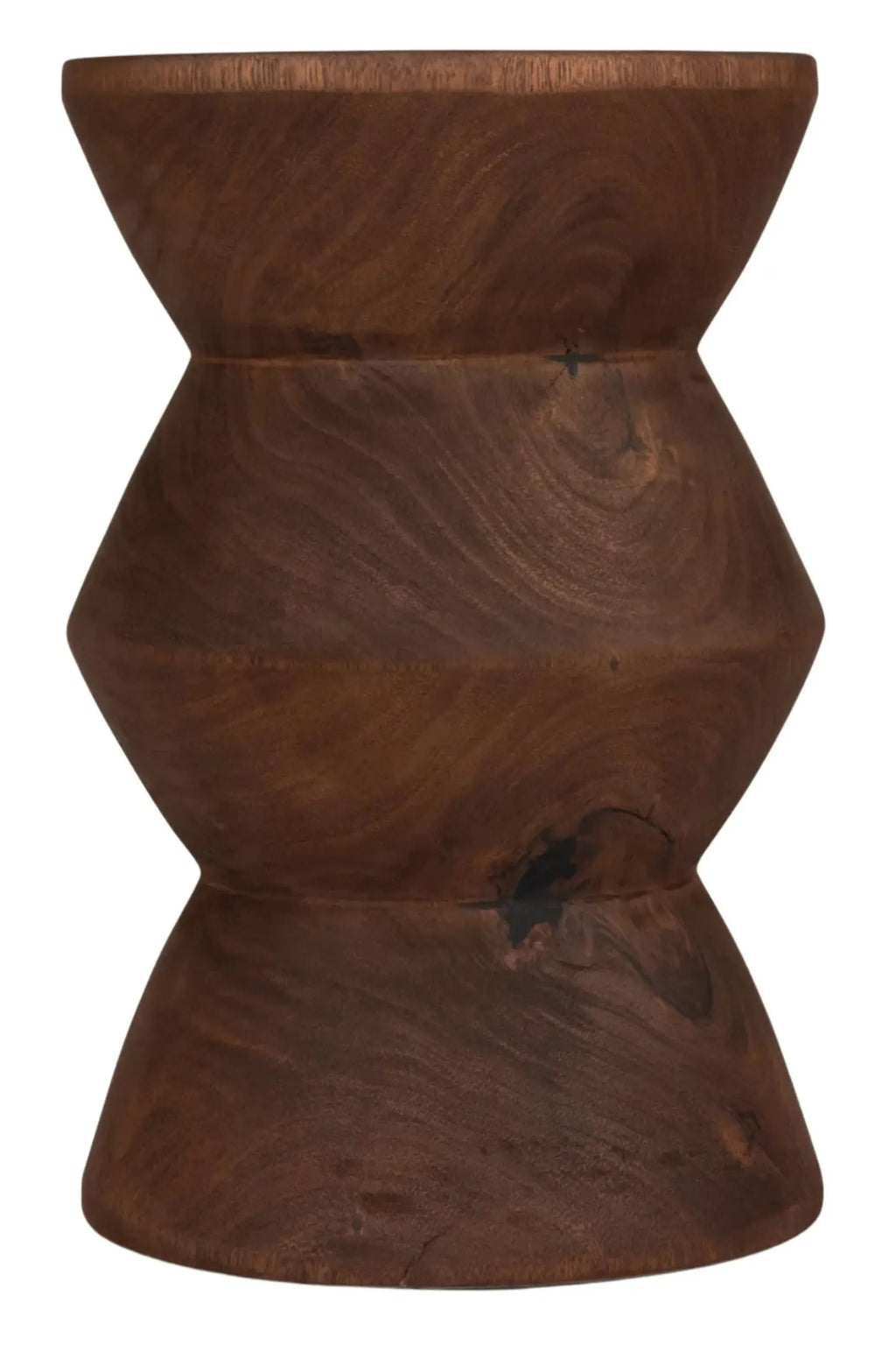 Detjer Stool S.A.S. 003, a rich dark brown solid wood stool crafted with a distinctive hourglass-inspired geometric shape, showcasing prominent natural wood grain and a smooth, polished finish. This sculptural and minimalist accent piece is perfect as a contemporary side table, extra seating, or unique decor for organic modern living rooms, bedrooms, or entryways.