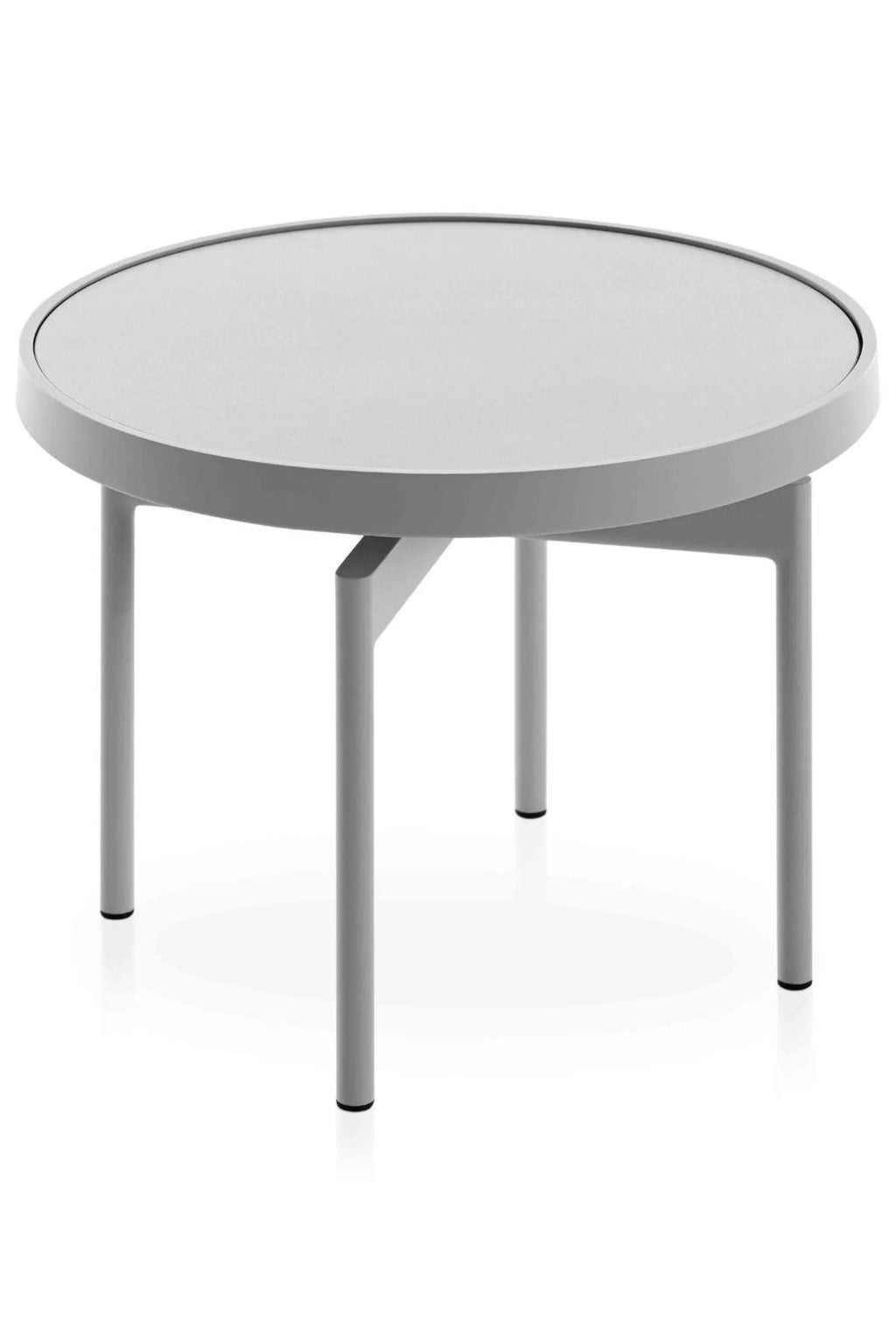 Gandia Blasco Onde Round Coffee Table Ø60, a modern minimalist outdoor coffee table crafted from durable powder-coated aluminum. It features a sleek light grey finish, a perfectly round tabletop with a subtle darker rim detail, and sturdy cylindrical legs supported by a clean cross-brace. This contemporary grey patio table is ideal for stylish outdoor living rooms, modern balconies, or minimalist garden spaces.