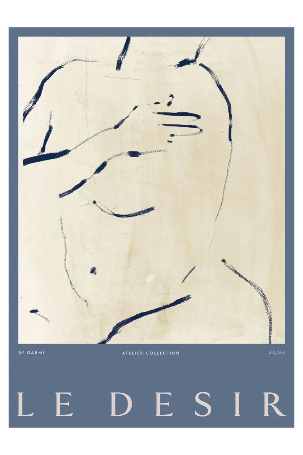 The Poster Club Le Desir, an abstract figurative art print featuring expressive dark charcoal or navy blue hand-drawn line art of a partial nude figure against a textured cream-colored background, framed by a muted dusty blue border with white text. This contemporary minimalist poster is perfect for adding a sophisticated touch to modern living rooms, bedrooms, or gallery walls.