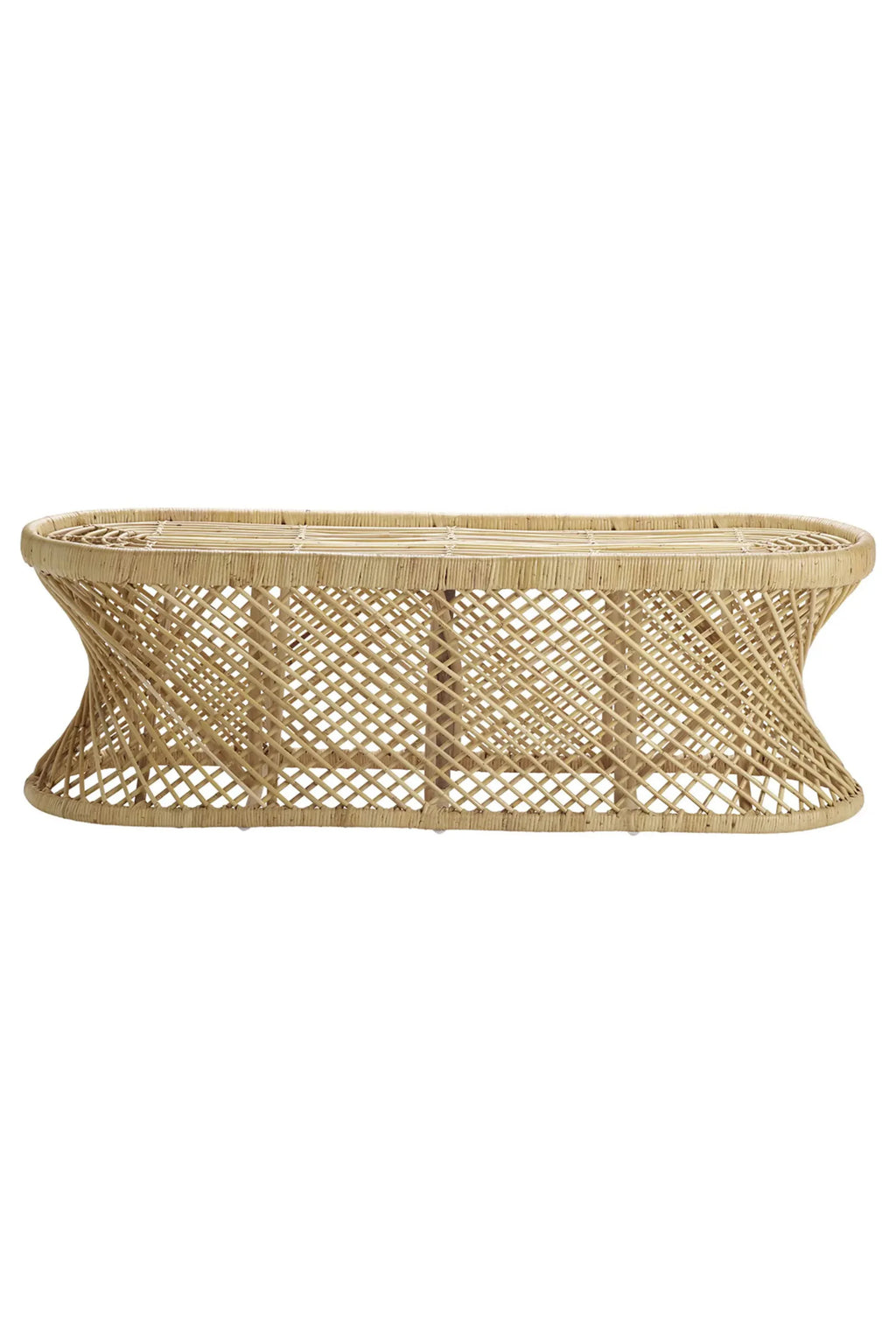 Tine K Palma Rattan Bench, a natural light brown woven rattan bench featuring an elongated oval top and a distinctive hourglass-shaped base crafted with an intricate diagonal lattice weave. This organic modern, handcrafted rattan piece serves as a versatile low bench for boho living rooms, coastal entryways, or as a unique coffee table accent.