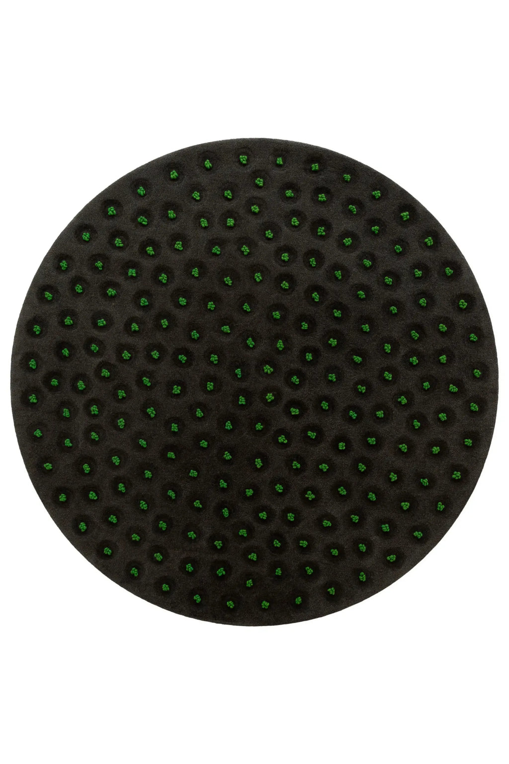 GAN Rugs La Geria-Lanzarote Rug, a striking round hand-knotted wool rug featuring a deep charcoal grey base with vibrant green raised knots nestled into recessed dimples, creating an organic, textured surface. This abstract, contemporary rug brings a unique volcanic landscape aesthetic to modern living rooms, bedrooms, or creative spaces.