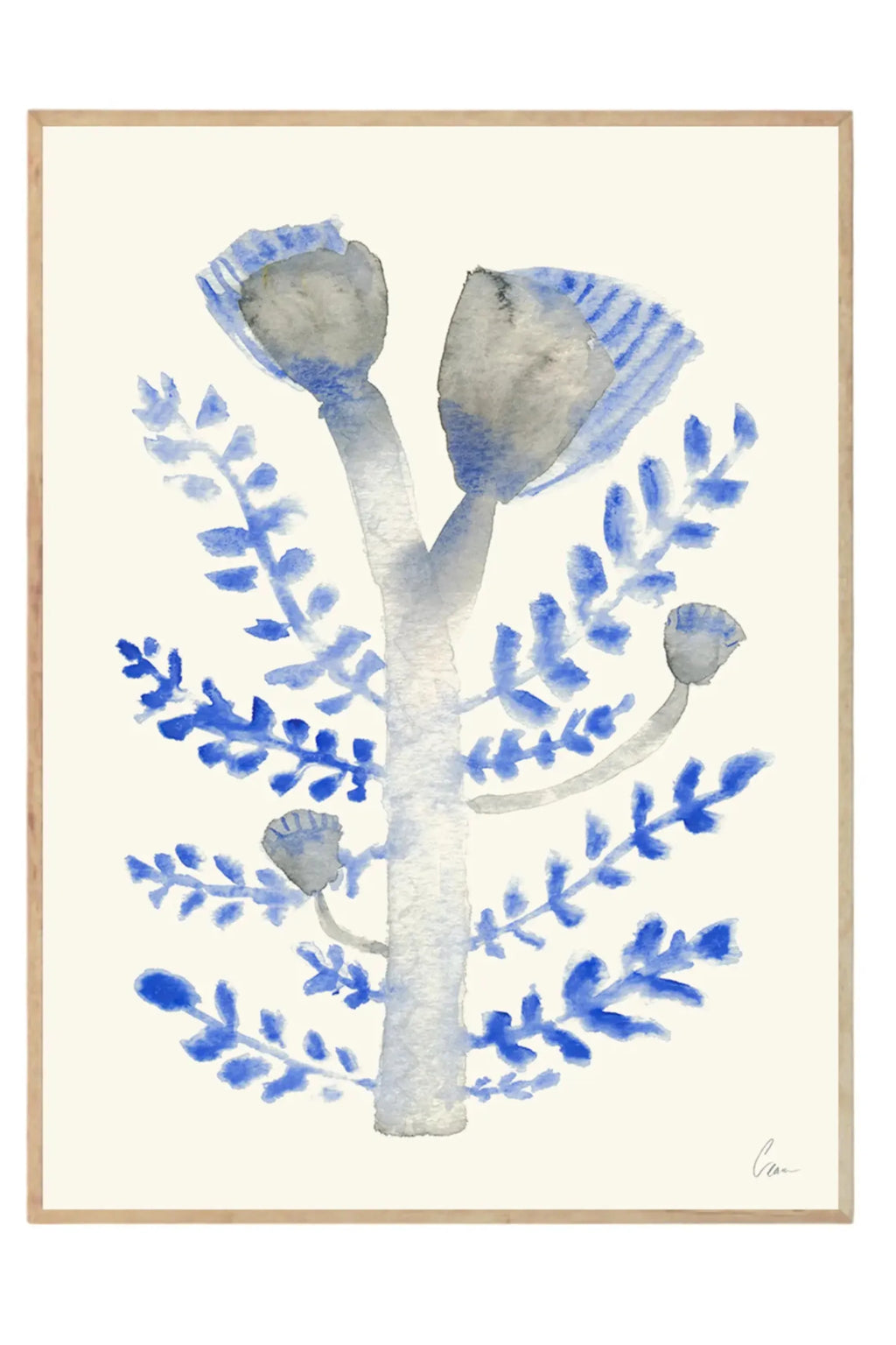 The Poster Club Januari, an abstract botanical watercolor art print featuring organic plant-like forms in muted grey-blue and vibrant cobalt blue tones against a creamy off-white background, framed in a natural light oak frame. This minimalist framed poster is ideal for Scandinavian bedrooms, contemporary living rooms, or a serene gallery wall.