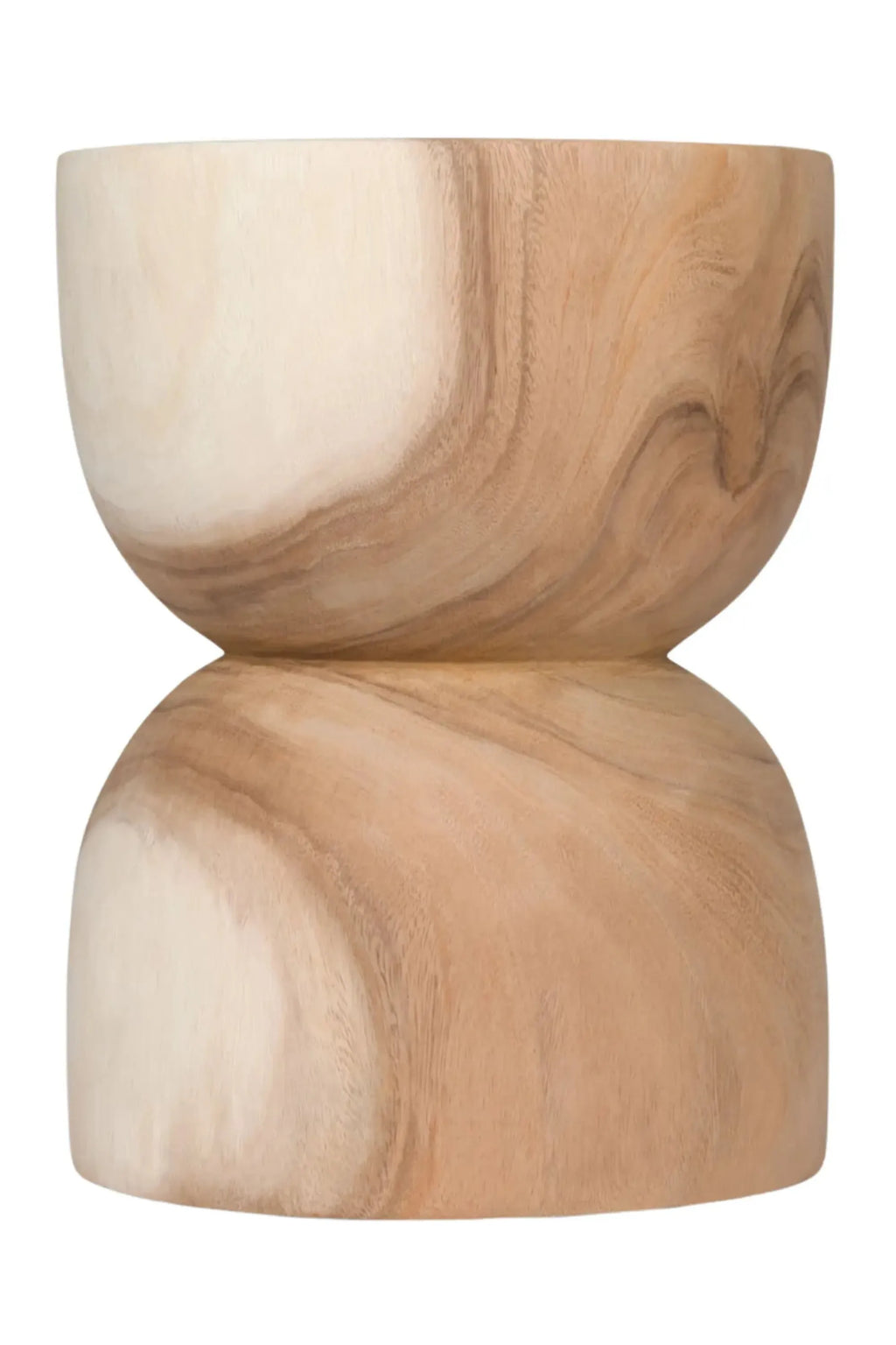 Detjer Stool S.A.S. 004, a solid wood hourglass stool crafted from natural light-toned wood with a smooth finish and rich, varied grain patterns in cream and warm tan. This organic modern accent table features a distinctive bobbin shape, perfect for minimalist living room decor, Scandinavian bedrooms, or as a contemporary plant stand.