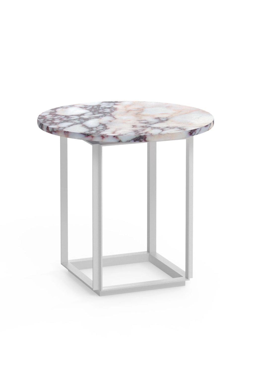 New Works Florence Side Table, a modern minimalist side table featuring a round Italian marble tabletop with distinctive pink, purple, white, and grey veining. It rests on a clean, geometric matte white metal frame, creating a striking contemporary silhouette. Perfect as an elegant living room accent, stylish bedside table, or chic entryway console for design-conscious interiors.