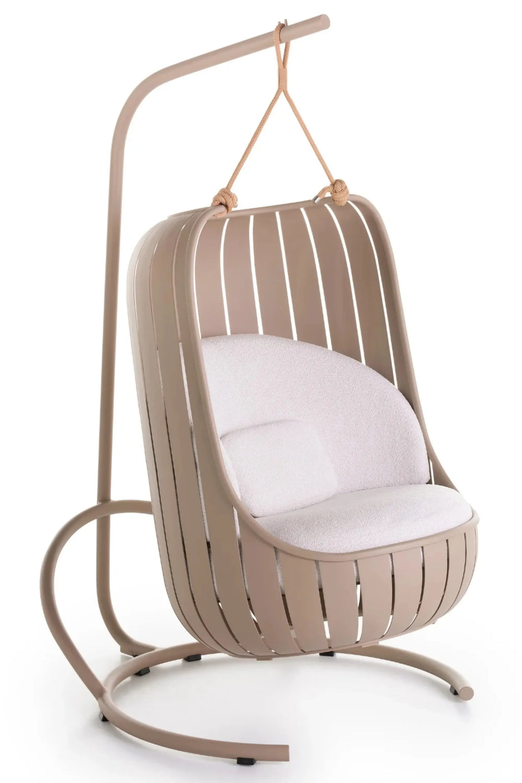 Gandia Blasco Arena Outdoor Swing, a modern outdoor hanging chair featuring a durable beige powder-coated aluminum frame and a distinctive slatted basket-style seat, suspended by thick natural braided rope. It includes a plush off-white textured outdoor fabric cushion for comfort and style. Ideal for contemporary patios, minimalist gardens, or luxury outdoor living spaces.