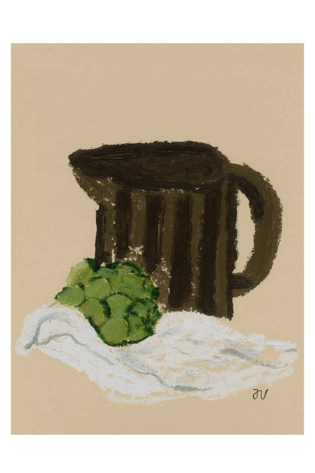 The Poster Club Still Life with Artichoke, an expressive contemporary art print depicting a dark brown striped pitcher alongside a vibrant olive green artichoke, resting on a textured white cloth. This minimalist still life features visible painterly brushstrokes and a warm beige background, offering an organic modern aesthetic. Ideal as stylish kitchen wall art or a charming dining room accent.