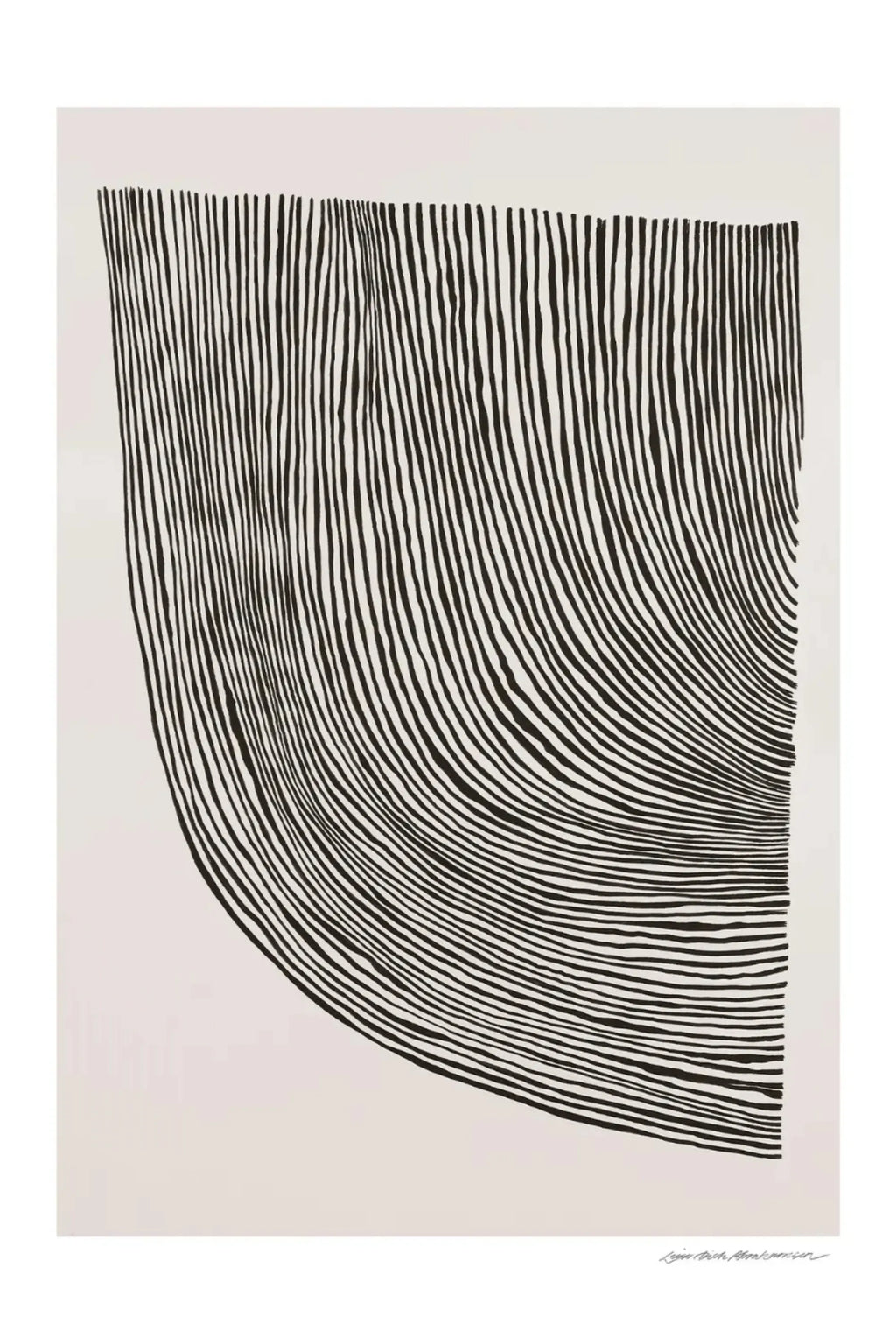 The Poster Club Curves, an abstract art print featuring organic black hand-drawn lines on a soft off-white background, creating a minimalist, contemporary design where vertical lines gently curve to form a dynamic wave-like pattern. This graphic line art poster is ideal for modern living room wall decor, a Scandinavian bedroom, or as a sophisticated addition to a gallery wall.
