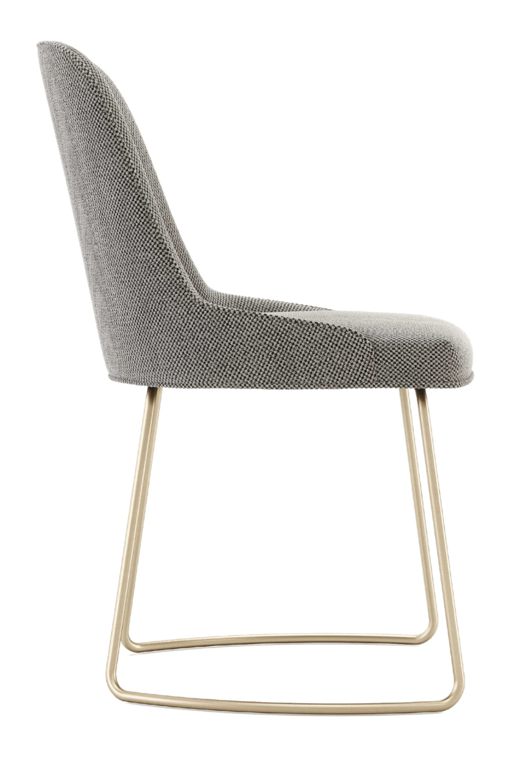 Domkapa Anna Chair - Metal, a sleek modern dining chair featuring light grey and cream speckled textured fabric upholstery with a gently curved backrest and cushioned seat. Its minimalist design is elevated by a continuous U-shaped brushed brass metal base, offering a contemporary aesthetic. Ideal as a modern dining chair or stylish accent chair for minimalist and contemporary living spaces.