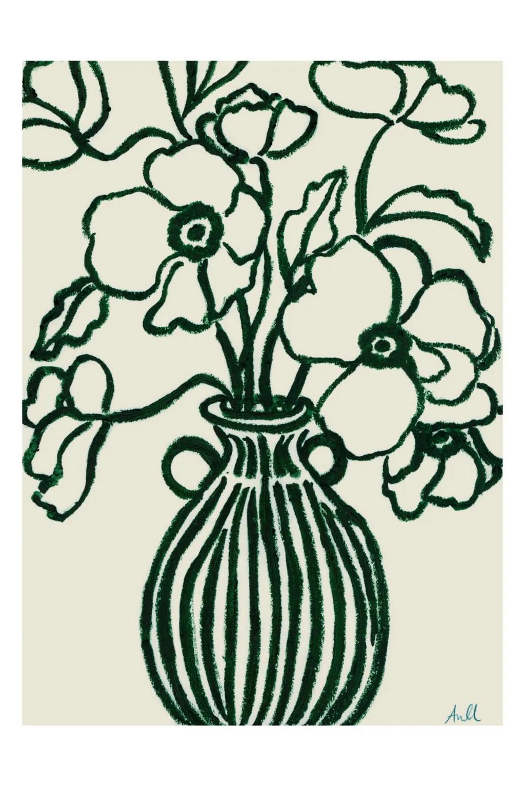 The Poster Club Poppy Studies III, an abstract floral art print featuring hand-drawn dark green poppy flowers and a striped vase against a soft cream background, characterized by a textured, crayon-like painterly stroke. This modern minimalist botanical poster is ideal for contemporary gallery walls, bedroom decor, or adding an organic touch to living rooms.
