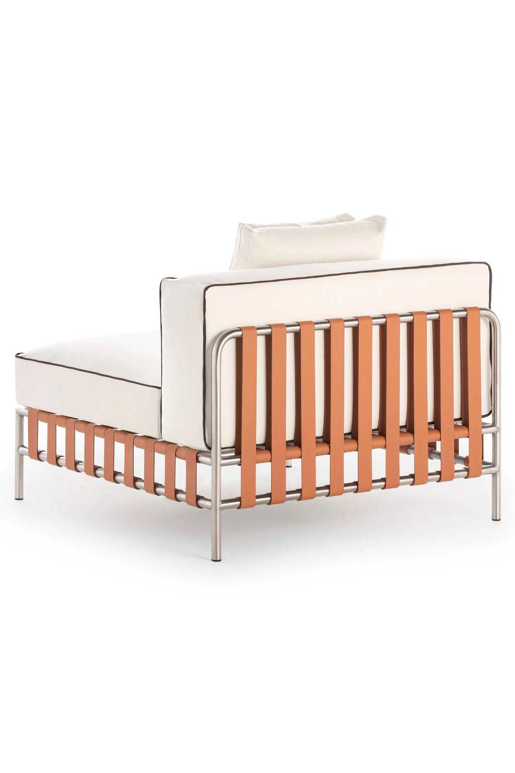 Gandia Blasco Onsen Sectional 3, a modern outdoor sectional sofa featuring a sleek brushed stainless steel frame with elegantly woven tan leather straps forming the back and sides, complemented by plush white outdoor cushions with.