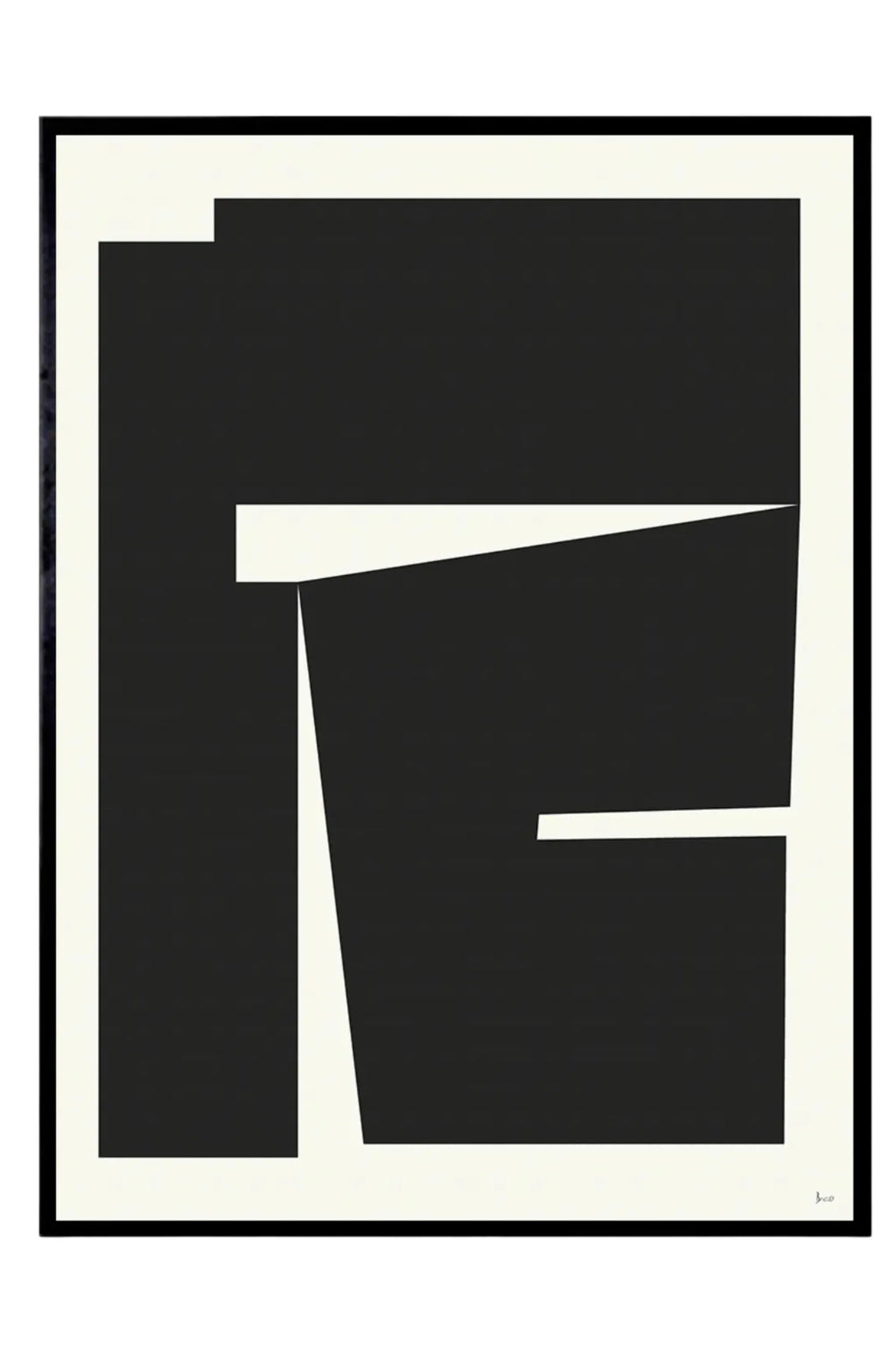 The Poster Club Composition 04, a modern minimalist abstract art print featuring bold black geometric shapes creating dynamic negative space against a soft cream background. This framed poster is elegantly presented with a wide light cream mat and a sleek black frame. Ideal as contemporary wall art for gallery walls, Scandinavian living rooms, or modern minimalist interiors.