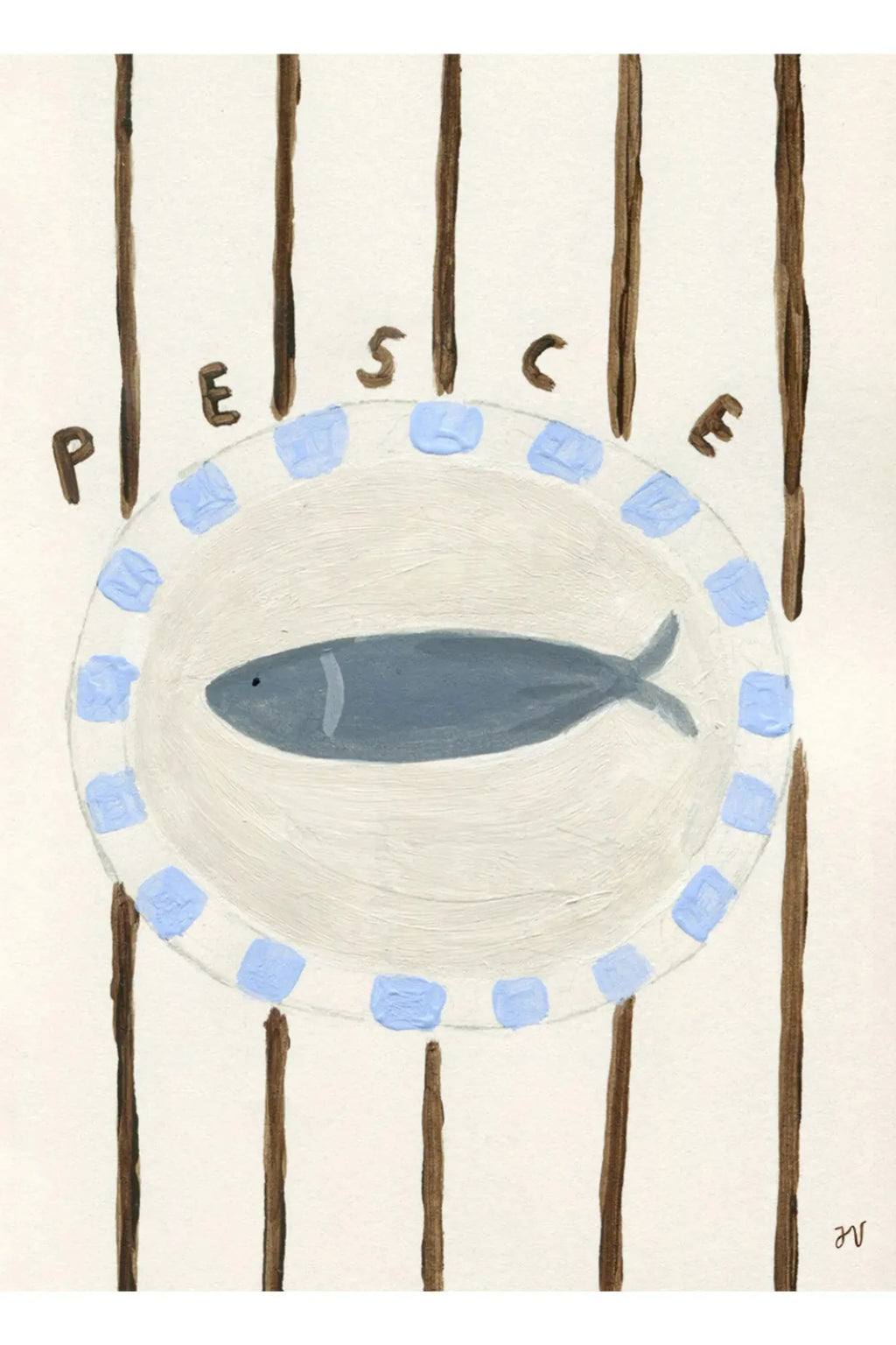 The Poster Club Pesce, a charming folk art print featuring a naive hand-painted style with a dark grey fish on an oval off-white plate bordered by light blue square accents.