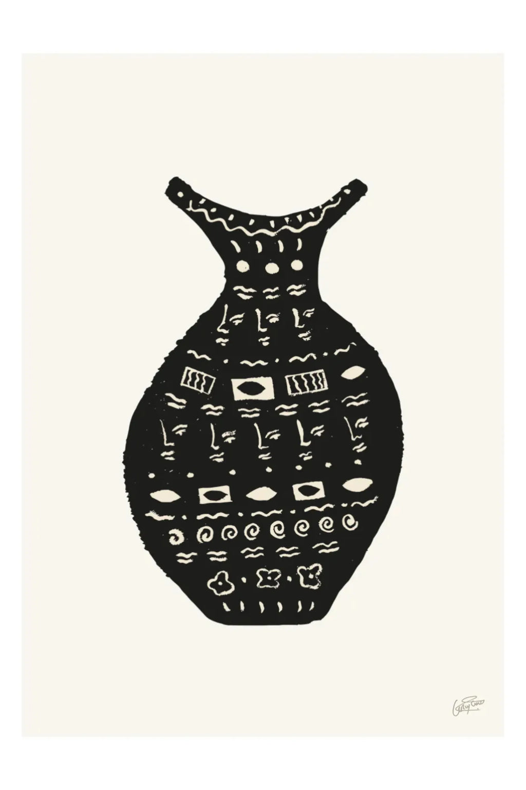 The Poster Club Les Objets, a striking black and white abstract poster featuring a stylized vase or urn silhouette filled with intricate white folk art patterns. This graphic art print showcases tribal-inspired motifs including rows of abstract faces, eyes, wavy lines, spirals, and floral shapes on a subtle off-white background. Perfect as modern wall art for contemporary living rooms, minimalist gallery walls, or boho chic interior styling.