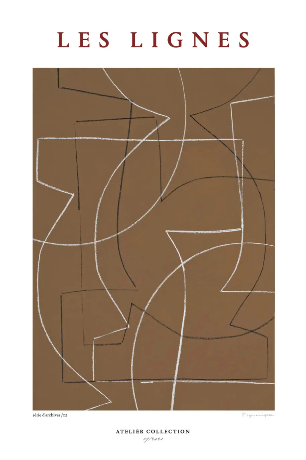 The Poster Club Les Lignes, a minimalist abstract art print featuring a rich, warm taupe brown background with intersecting white and charcoal black hand-drawn lines and organic geometric shapes, evoking a contemporary chalk or pastel texture. This sophisticated wall art is perfect for Scandinavian living rooms, organic modern bedrooms, or elegant gallery wall styling.