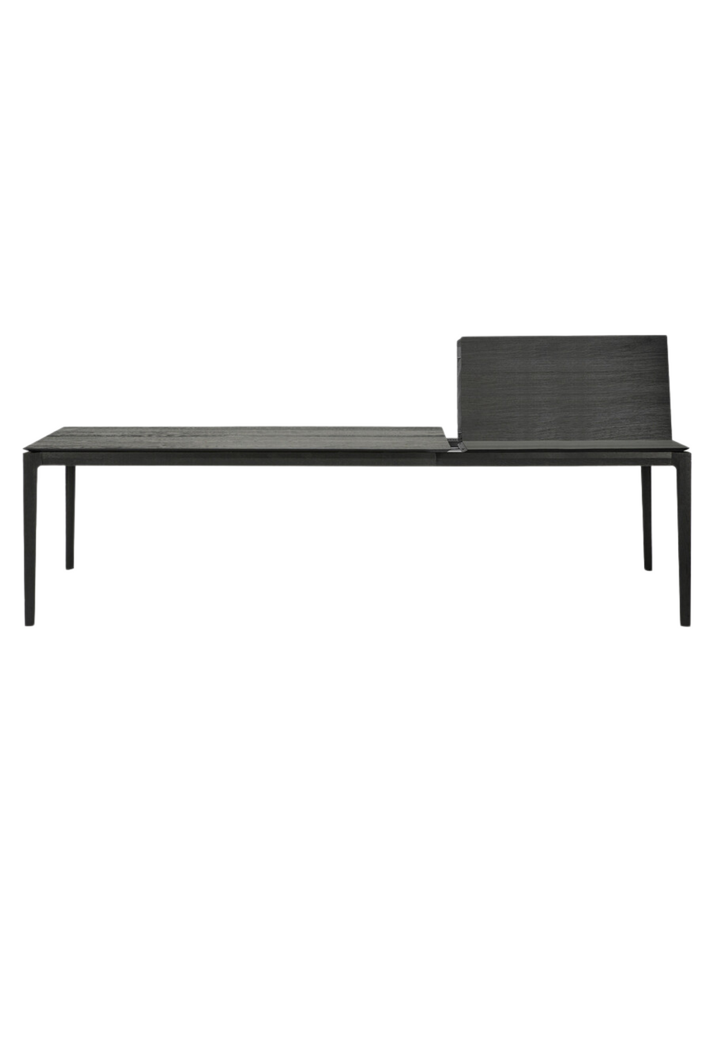 Ethnicraft Bok Extendable Dining Table, a modern minimalist dining table crafted from dark stained solid oak with a rich wood grain texture and clean, rectangular silhouette. This contemporary extendable table features an integrated butterfly leaf mechanism and slim, tapered legs, ideal for versatile dining in Scandinavian or modern living spaces.