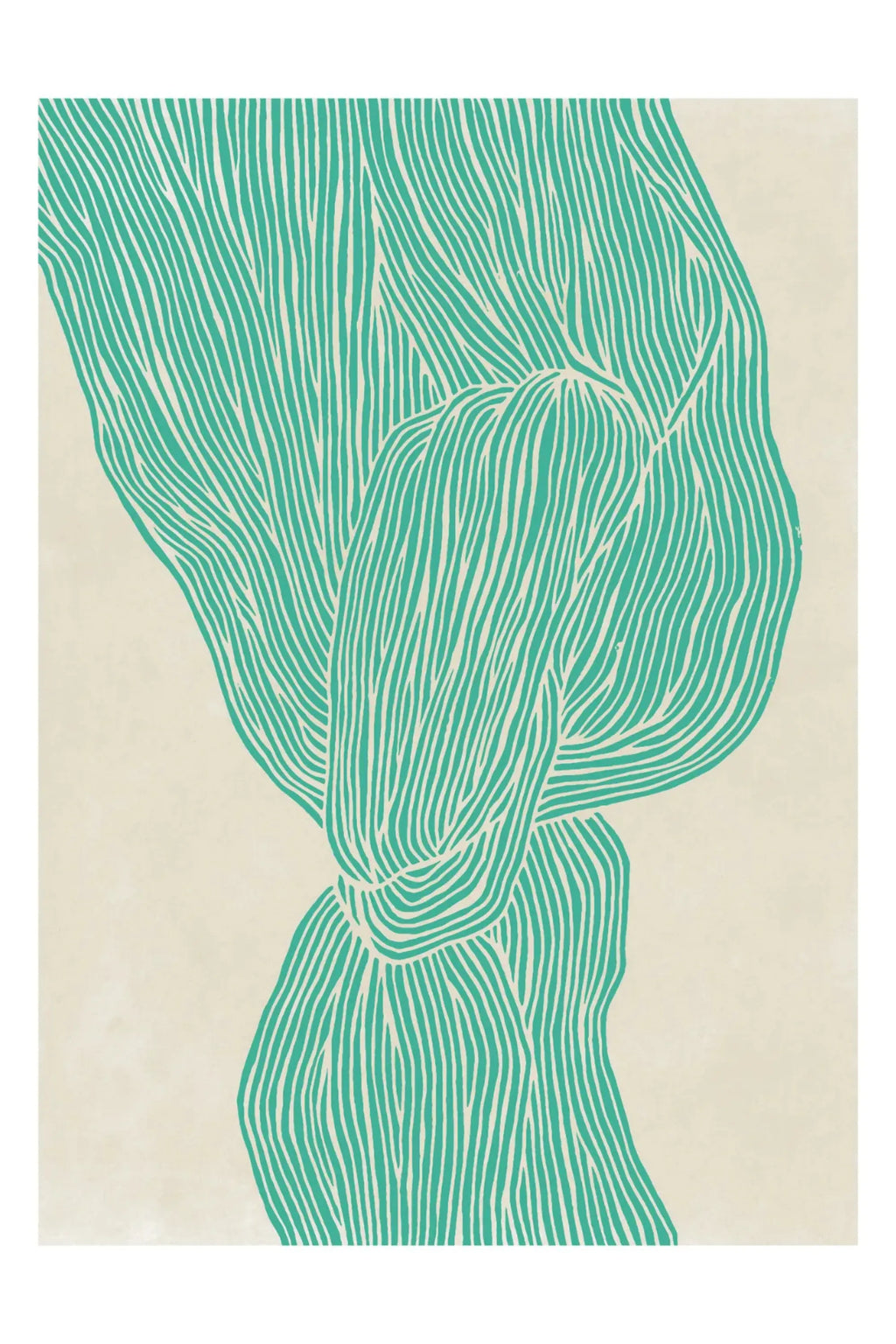 The Poster Club The Line – Green, an abstract art print featuring organic, flowing teal-green lines that intertwine and overlap, creating a bold graphic shape against a subtly textured cream background. This minimalist contemporary poster is ideal as modern wall art for Scandinavian living rooms, bedrooms, or gallery walls, adding a serene touch of organic modern design.