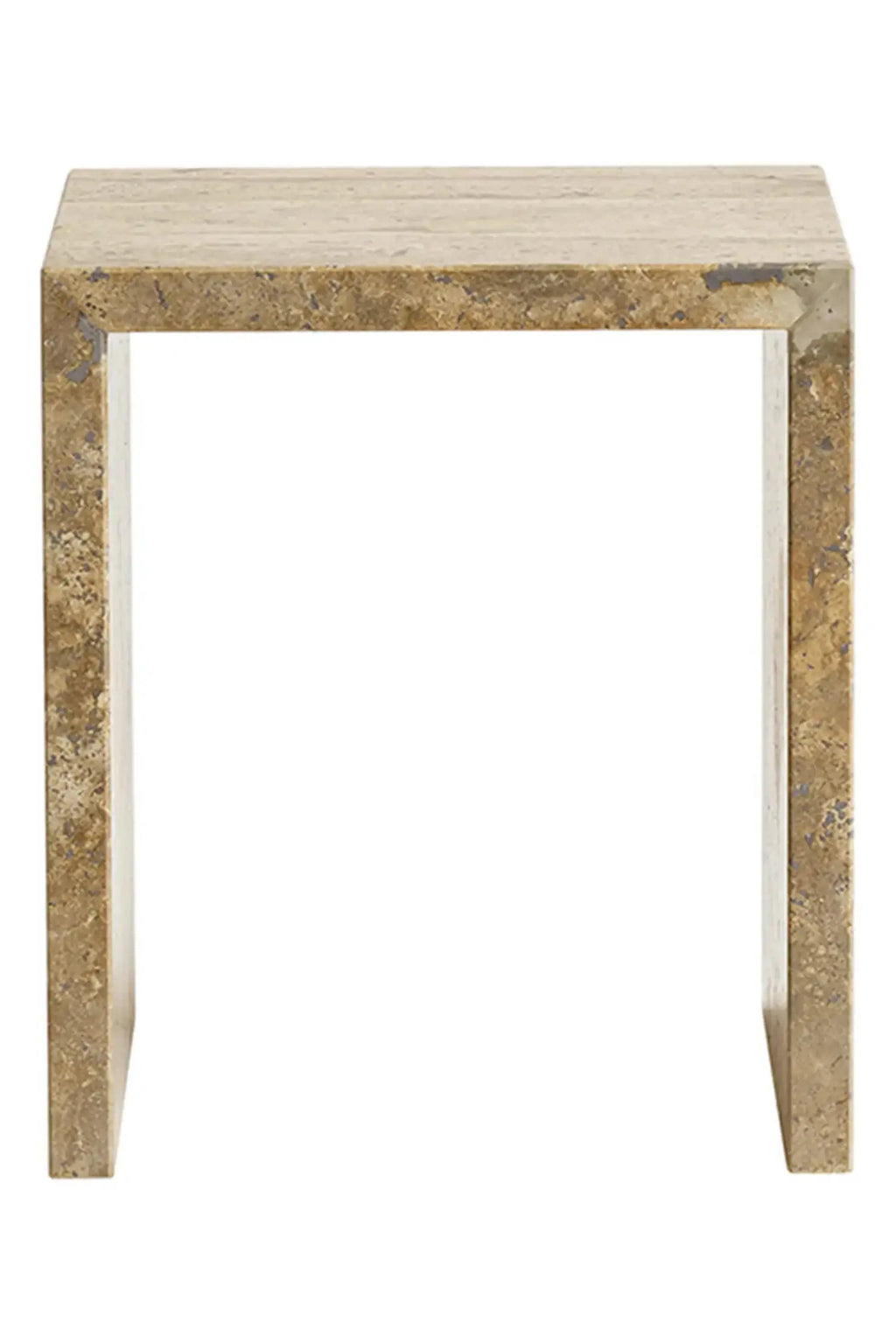 Tine K Cube Travertine Table, a minimalist side table crafted from solid natural travertine in warm beige tones with a characteristic porous texture and unique dark grey veining. Its simple rectangular cube shape makes it a versatile organic modern accent table. Ideal for living rooms, bedrooms, or as a display pedestal in contemporary interiors.
