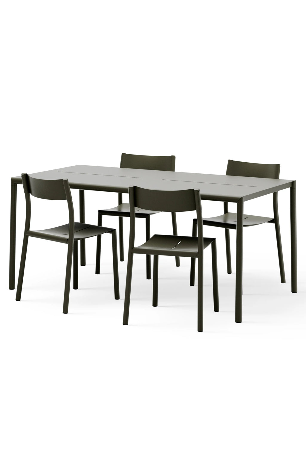 New Works Outdoor May Furniture Set for 4 Persons, a modern minimalist outdoor dining set crafted from durable powder-coated metal in a sleek dark olive green finish. This contemporary 4-person patio furniture features a rectangular dining table with slender legs and four matching chairs with gently curved seats and backrests, designed for comfort and style. Perfect as a robust outdoor dining table and chairs for modern patios, gardens, or balconies.