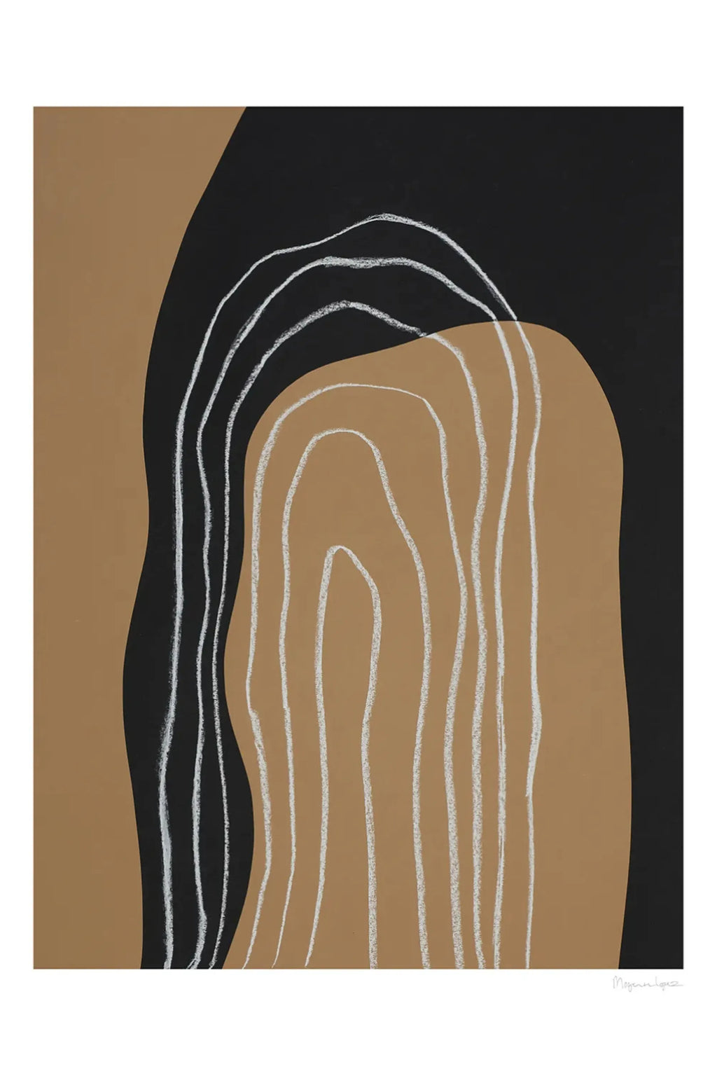 The Poster Club Shapes And Lines No 1, a minimalist abstract art print showcasing bold black and warm tan organic shapes, layered with textured white chalk-like lines forming a curved pattern.