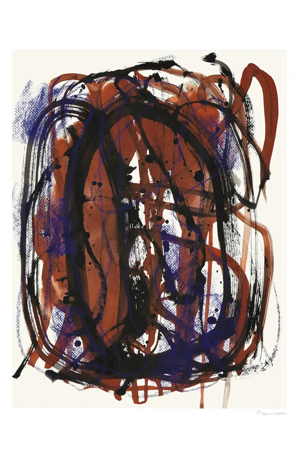 The Poster Club Mixed Media, an energetic contemporary abstract art print featuring bold black gestural brushstrokes layered over rich terracotta watercolor washes and vibrant indigo crayon textures. This modern art piece showcases a dynamic, organic composition with painterly splatters against a clean cream background.