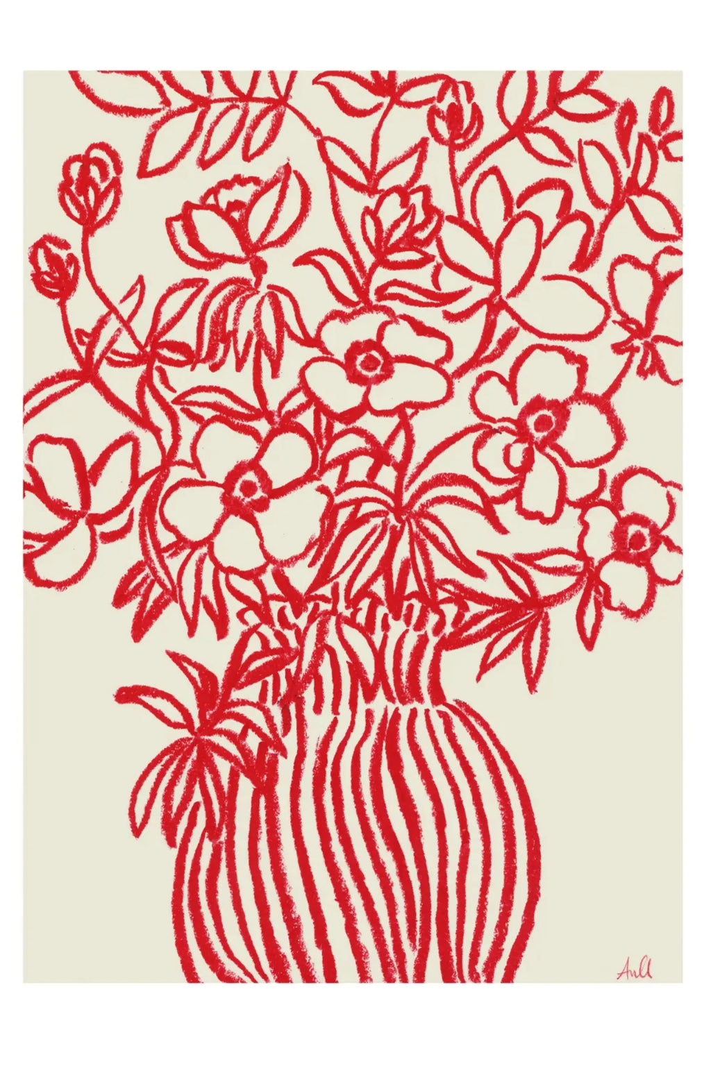 The Poster Club Poppy Studies I, a vibrant abstract floral art print featuring hand-drawn red poppy outlines with a textured crayon-like finish set against a creamy off-white background. The minimalist botanical design captures a playful, contemporary aesthetic, evoking the raw charm of crayon art. Perfect for modern gallery walls, Scandinavian living rooms, or adding a pop of color to any minimalist interior.