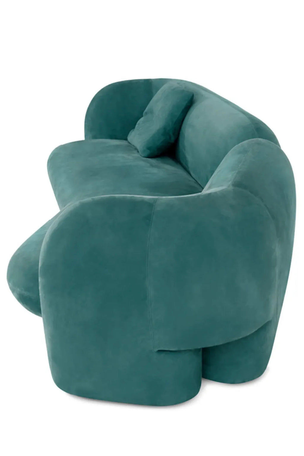 Hessentia Gio Curved Sofa, an organic modern sofa upholstered in luxurious deep teal velvet fabric with a distinctive sculptural silhouette and fluid, inviting curves.