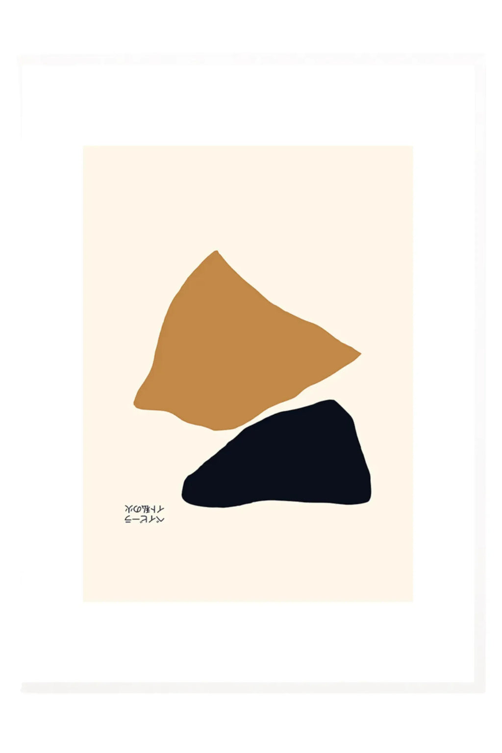 The Poster Club Traces, an abstract art print featuring two organic, irregular shapes in warm caramel brown and deep navy black, set against a soft cream background.
