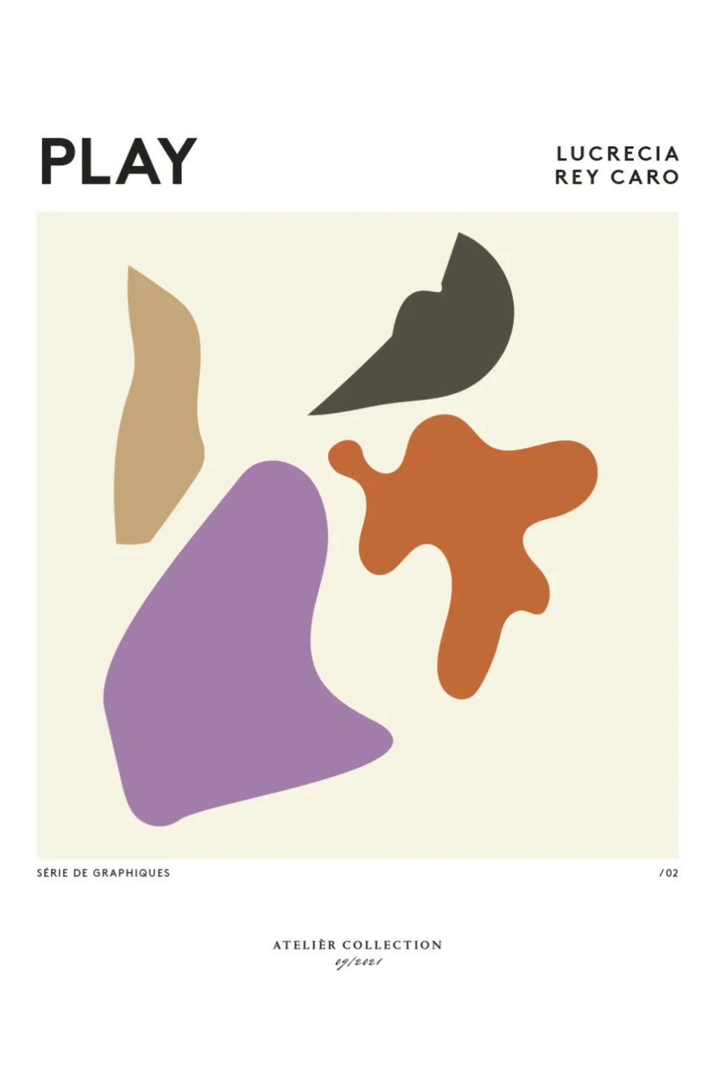 The Poster Club Play, an abstract art print featuring organic, irregular shapes in a modern color palette of dark olive green, warm terracotta orange, muted lavender purple, and light tan beige, set against a creamy off-white background. This contemporary minimalist poster is perfect for adding organic modern design to a living room gallery wall or stylish home office.