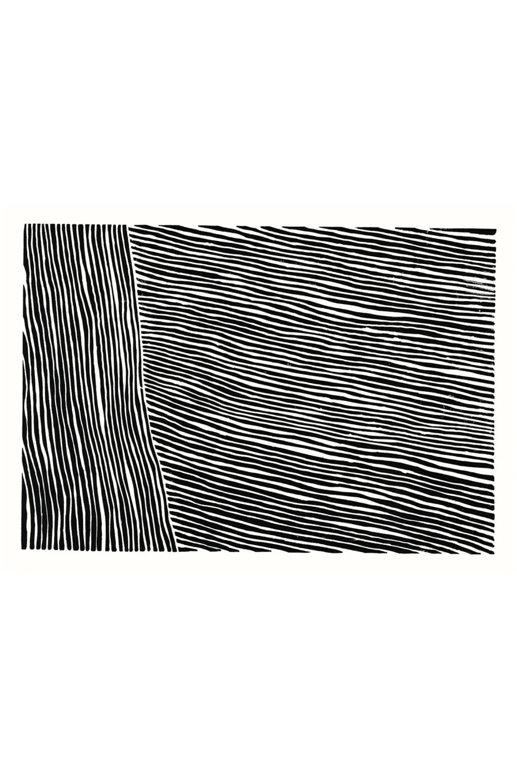 The Poster Club The Line no. 02, a minimalist abstract art print featuring bold hand-drawn black parallel lines on a crisp white background, with a distinct section of vertical organic stripes contrasting with a larger area of horizontal wavy lines. This modern graphic poster is perfect for creating a clean, contemporary gallery wall or adding an organic minimalist touch to Scandinavian living rooms, bedrooms, or home office decor.