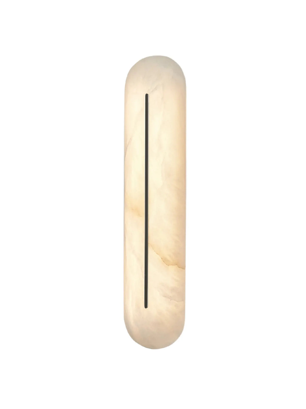 CTO Lighting Hepworth Wall Light, an elongated modern minimalist wall light crafted from natural alabaster stone, featuring soft cream and ivory tones with subtle organic veining. Its unique capsule shape is accented by a sleek vertical black metal slit, diffusing a warm, ambient glow. Ideal as a luxury contemporary wall sconce for living rooms, hallways, or sophisticated bedroom accent lighting.
