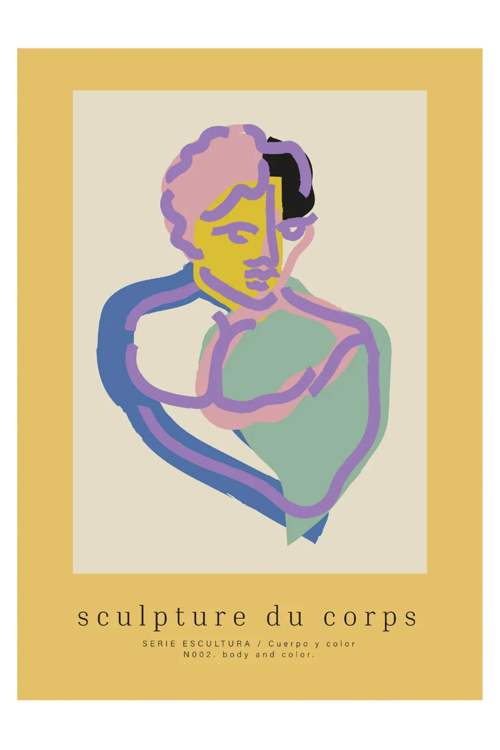 The Poster Club Corps Series N002, a vibrant abstract body art print depicting a stylized human bust in bold color blocks of pastel pink, vivid yellow, black, and muted green, with dynamic lavender.