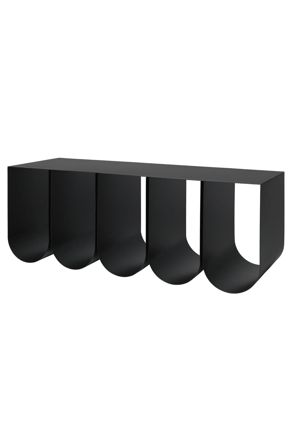 Kristina Dam Curved Bench, a sleek matte black bench crafted from durable powder-coated steel, featuring a minimalist rectangular top supported by four distinctive inverted curved legs, creating a sculptural and architectural silhouette. This modern minimalist seating is perfect for contemporary entryways, a striking living room accent, or as a versatile console table in Scandinavian-inspired interiors.