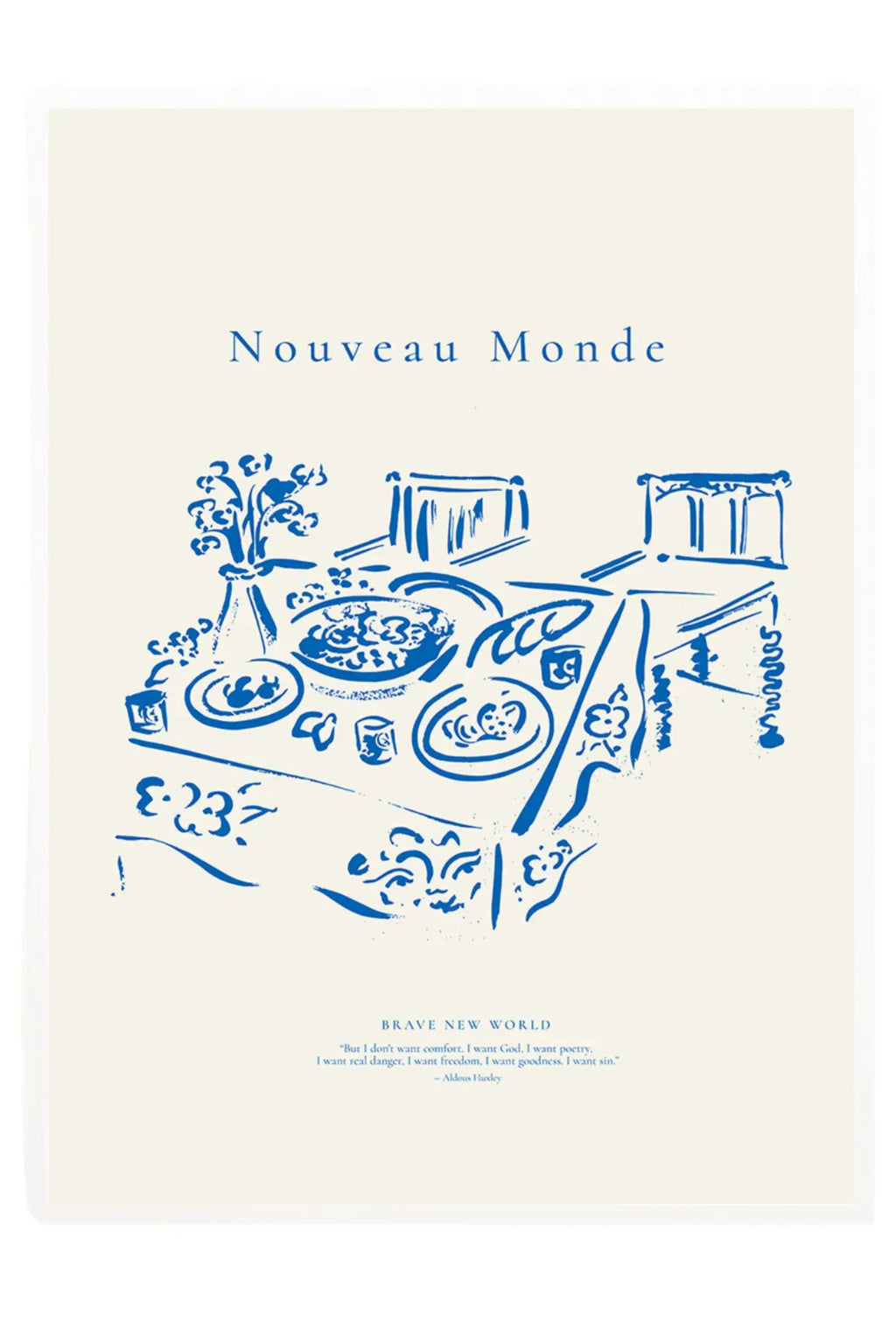 The Poster Club Nouveau Monde, a modern art print featuring a minimalist royal blue illustration on a cream background.