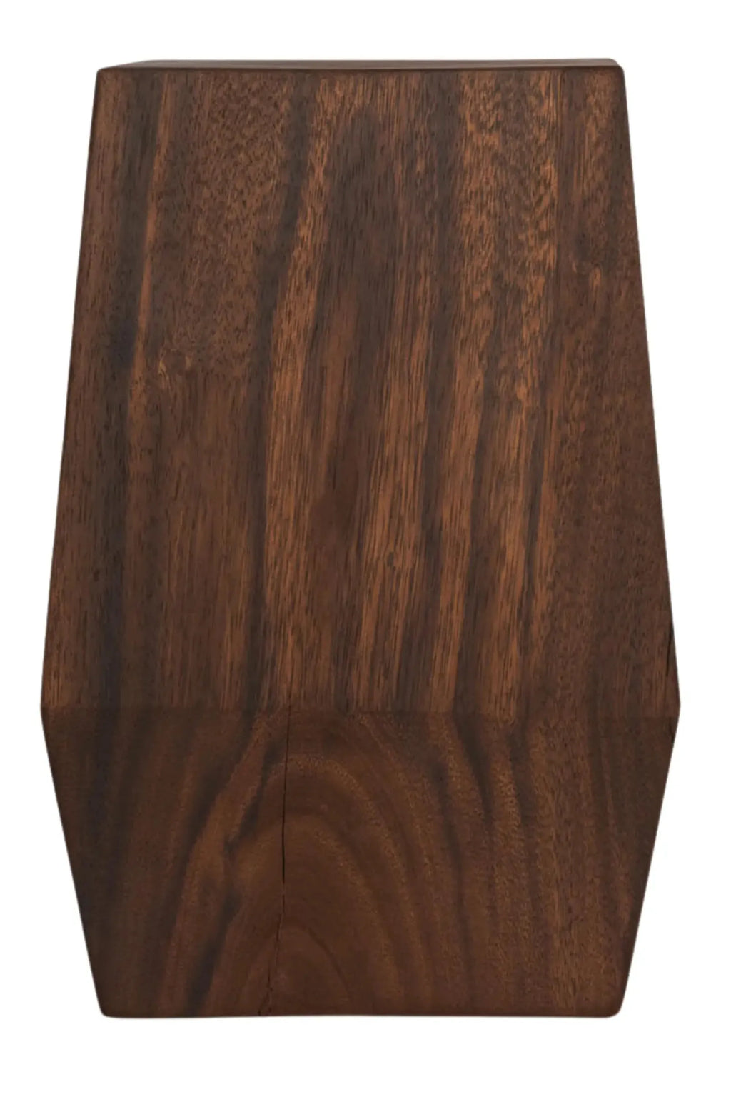 Detjer Stool S.A.S. 005, a modern minimalist stool crafted from solid dark walnut wood, showcasing a rich brown finish and natural wood grain. Its unique geometric faceted shape transitions from a hexagonal base to a flat top, offering a clean, contemporary design. This versatile accent piece is perfect as a side table, bedside table, or plant stand for contemporary living rooms and Japandi-inspired interiors.