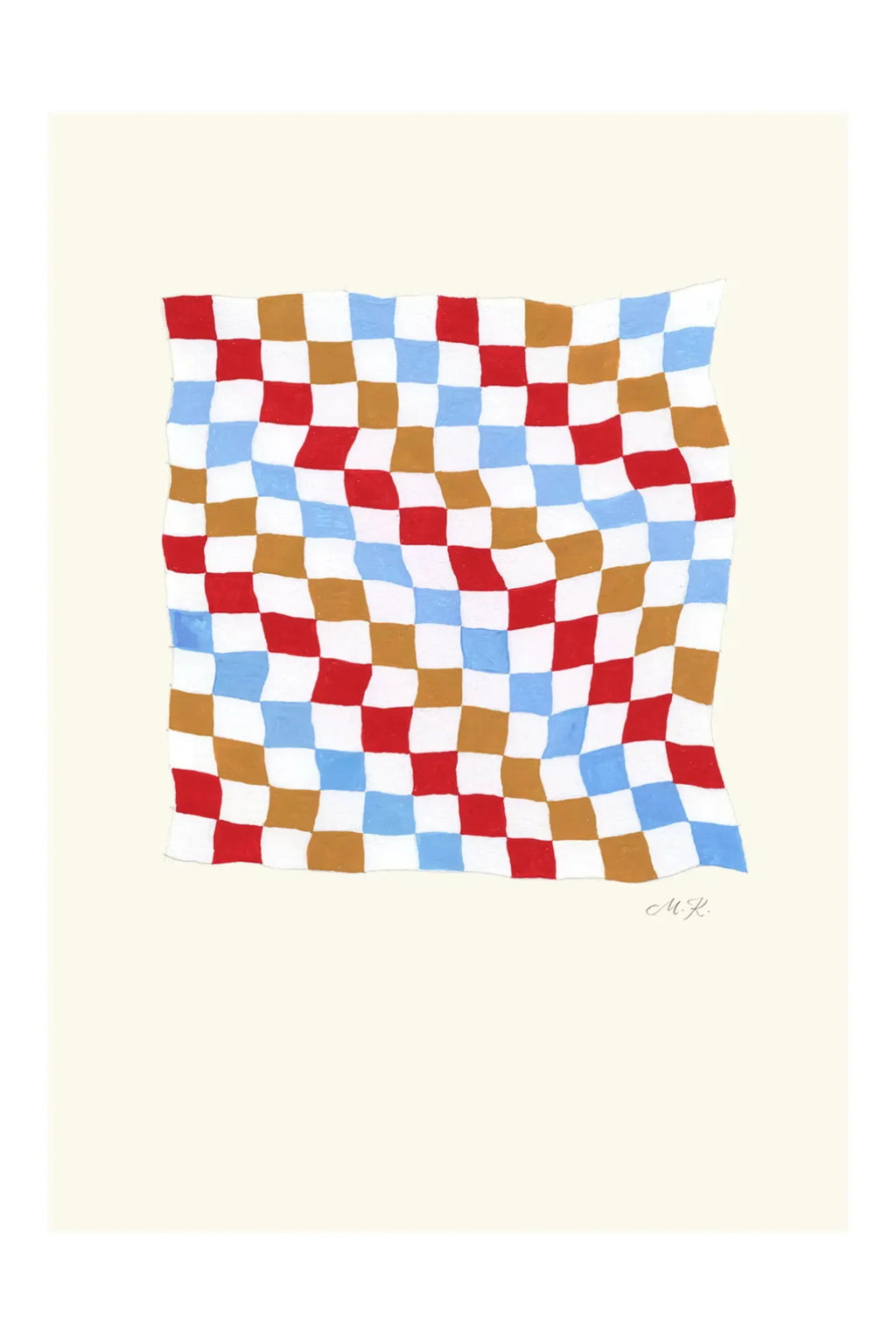 The Poster Club Tern No. 4, a playful abstract art print featuring an organic, wavy checkered pattern in vibrant red, crisp white, soft light blue, and warm tan tones, set.