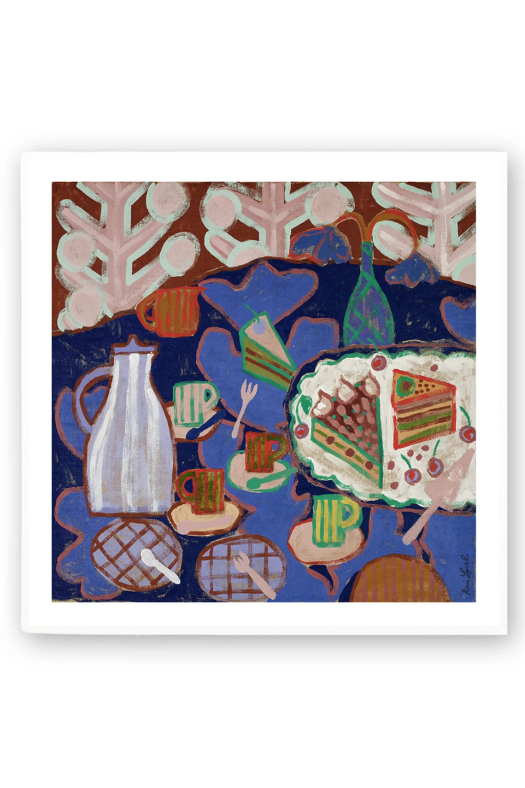The Poster Club Cake, a vibrant abstract art print featuring a painterly still life of dessert and coffee on a deep blue tablecloth. This contemporary folk art piece showcases bold brushstrokes and a rich color palette of brown, green, red, and pink, depicting slices.