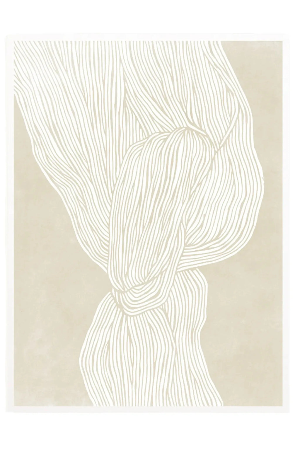 The Poster Club The Line no. 07, a minimalist abstract art print featuring organic cream-colored lines that gracefully intertwine and knot against a soft, textured light beige background. This contemporary wall art piece offers a calming, hand-drawn aesthetic, ideal for modern minimalist living rooms, Japandi bedrooms, or elegant gallery wall decor.