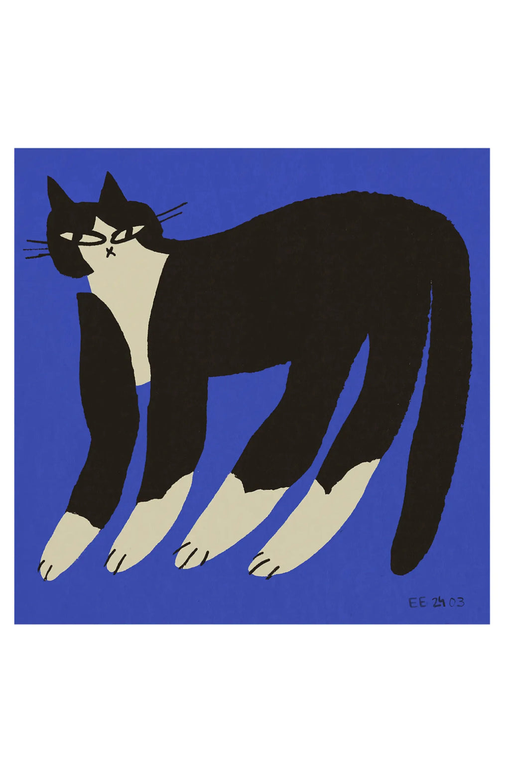 The Poster Club Cat in Blue, a vibrant modern illustration art print featuring a stylized black cat with cream accents for its chest and paws, set against a striking royal blue background. This graphic animal poster offers a minimalist aesthetic, perfect as contemporary wall art for a living room, bedroom, or a playful touch in a kids' room or nursery decor.