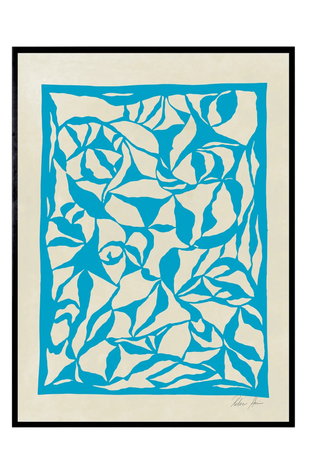 The Poster Club Magnolia No 03, a contemporary abstract botanical art print featuring vibrant turquoise blue organic, leaf-like shapes against a creamy off-white background, presented in a sleek black frame. This modern minimalist wall art piece is perfect for adding a pop of color to Scandinavian living rooms, Japandi bedrooms, or coastal-inspired gallery walls.