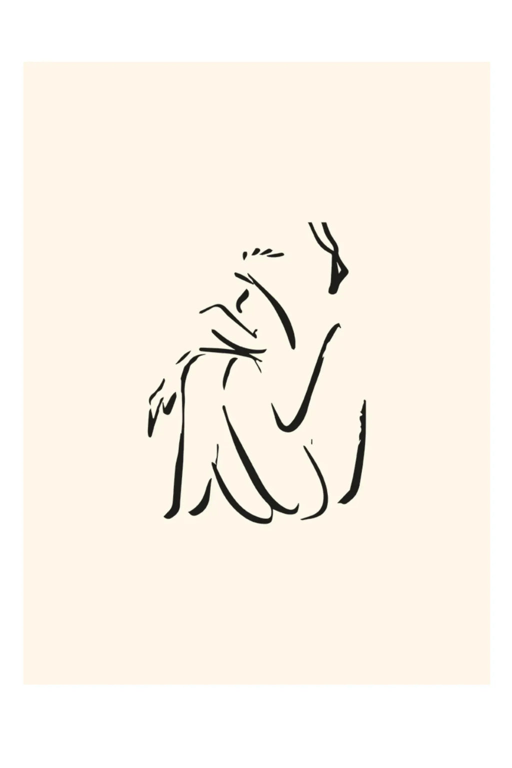 The Poster Club Calm, a minimalist abstract line art print featuring a serene, curled-up figure rendered in bold black brushstrokes.