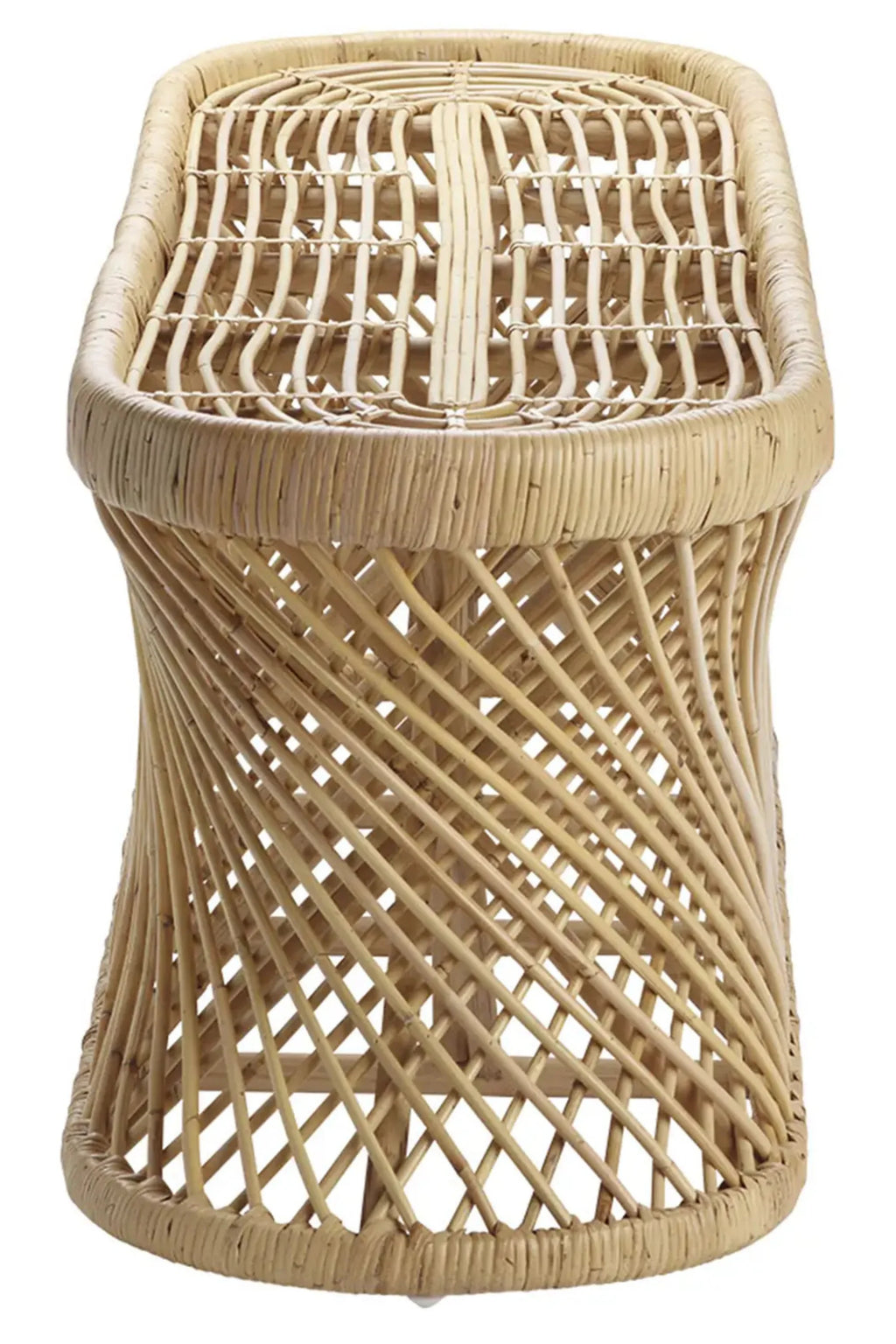 Tine K Palma Rattan Bench, a natural light-toned hand-woven rattan bench featuring a rectangular seat and a distinctive hourglass-shaped base with an open criss-cross weave pattern. This organic modern and boho-inspired accent seating piece is perfect for an entryway, bedroom, or living room.