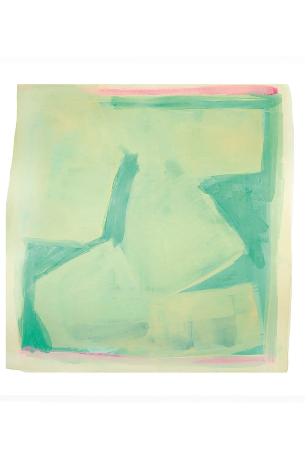 The Poster Club Carré, a soft abstract art print showcasing a square composition with gentle washes of pale mint green and light yellow, accented by expressive teal brushstrokes forming subtle geometric shapes and delicate outlines of soft pink. This contemporary abstract poster creates a serene, painterly aesthetic, perfect for modern minimalist living rooms, Scandinavian bedrooms, or a calming gallery wall accent.