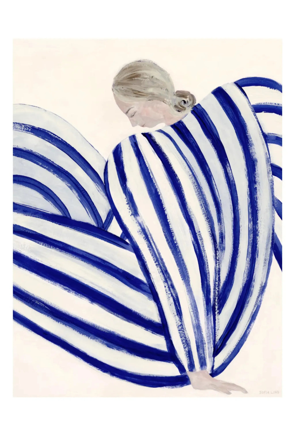 The Poster Club Blue Stripe At Concorde, an abstract figural art print by artist Sofia Lind, showcases a modern minimalist design with bold, painterly strokes of deep cobalt blue and crisp white.