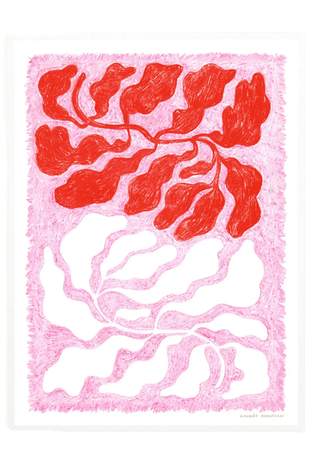The Poster Club Longing, an abstract art print by Linnea Andersson featuring bold red organic, leaf-like shapes against a soft pink textured background with white negative space. The design has a vibrant, hand-drawn crayon or oil pastel aesthetic, creating a playful and modern graphic art piece. Perfect as colorful contemporary wall art for a living room, bedroom, or creative home office.
