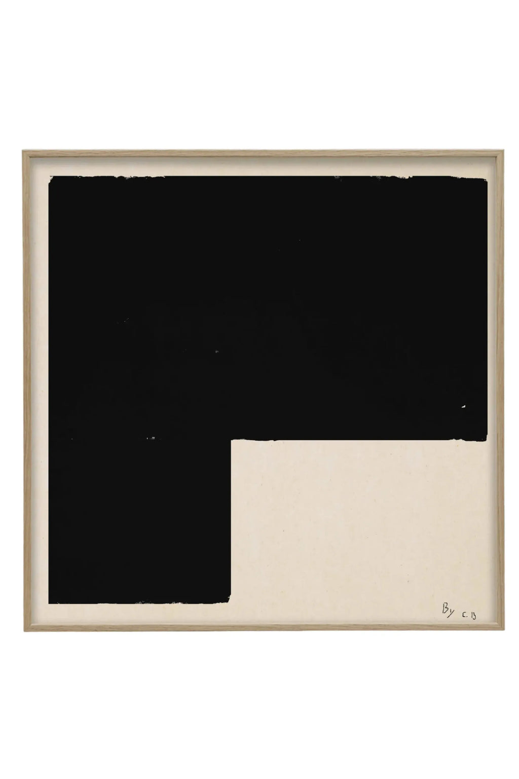 The Poster Club Black Object 01, a minimalist abstract art print featuring an imposing matte black geometric shape with a subtly textured edge against a warm cream-colored background. It is framed in a light natural oak frame with a wide cream mat, offering a striking high-contrast modern aesthetic. Perfect for contemporary gallery walls, Scandinavian living rooms, or minimalist office decor.