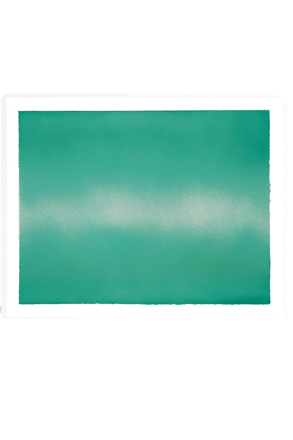 The Poster Club Green Interstellar, a minimalist abstract art print featuring a serene gradient of deep teal green fading into a soft, textured lighter mint hue at the center with subtle brushstroke details. The print showcases slightly deckled edges for a raw paper feel and is presented within a sleek white frame. Ideal for contemporary gallery walls, tranquil Scandinavian bedrooms, or modern minimalist living room decor.