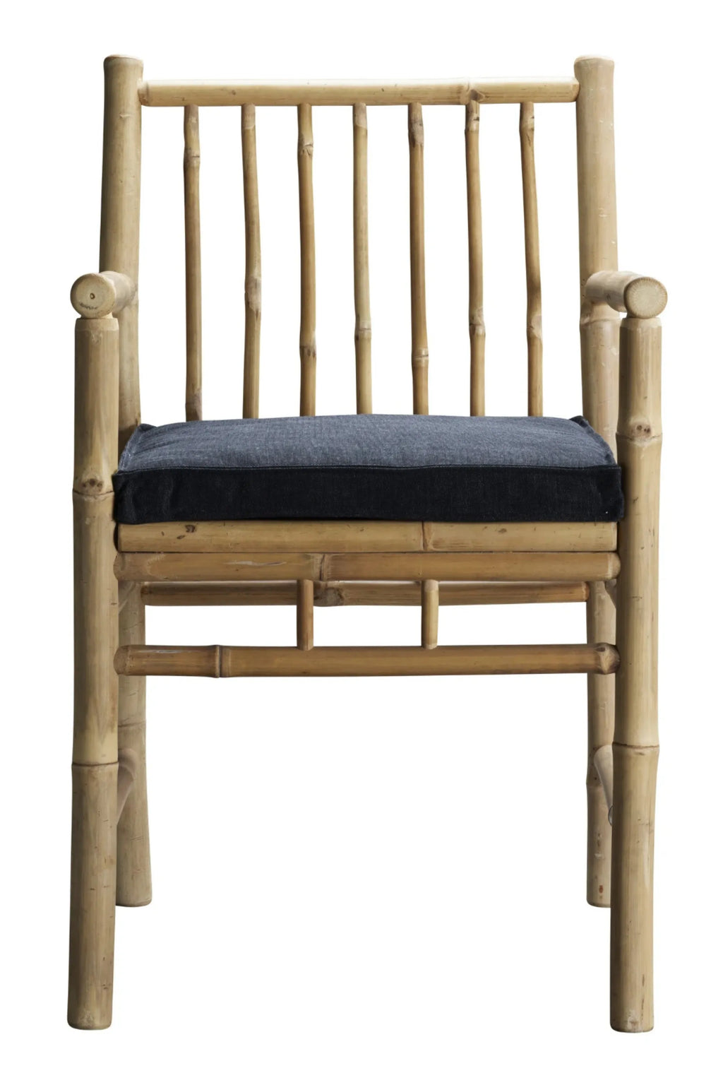 Tine K Outdoor Bamboo Dining Chair With Armrest - Set of 4, crafted from natural bamboo with a light, organic finish, featuring a vertical slat back and comfortable rounded armrests. This bohemian outdoor dining chair includes a removable dark grey fabric cushion for added comfort. Perfect for coastal patios, garden dining areas, or rustic outdoor living spaces.