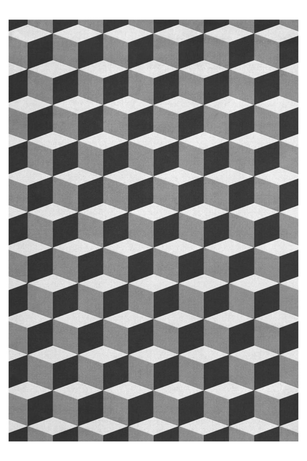 Layered Illusion Wool Rug, featuring a mesmerizing 3D geometric cube pattern in shades of black, gray, and white. This modern area rug adds a sophisticated, visual interest to any contemporary livi...